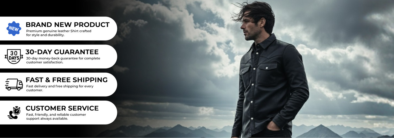 Lifestyle image of outdoor leather shirt mens highlighting free shipping, 30-day returns, UK stock, and brand-new condition with tags