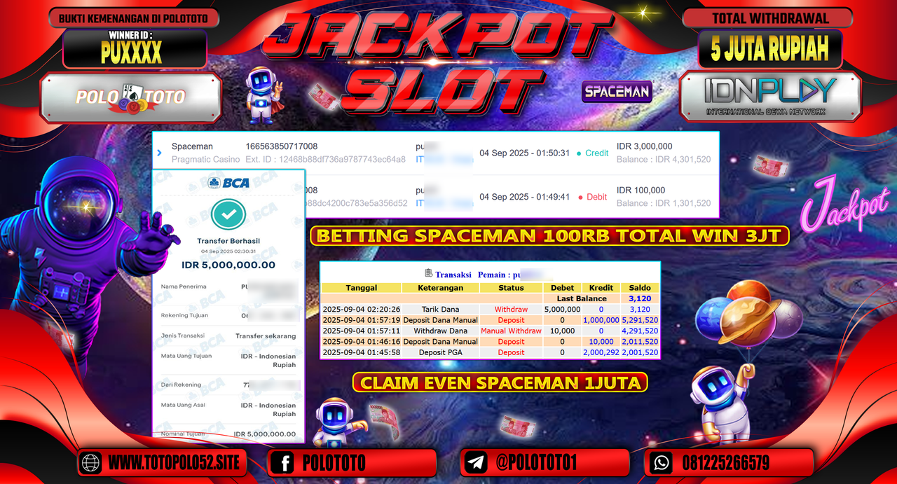 POLOTOTO JACKPOT SLOT SPACEMAN Rp.5.000.000,-