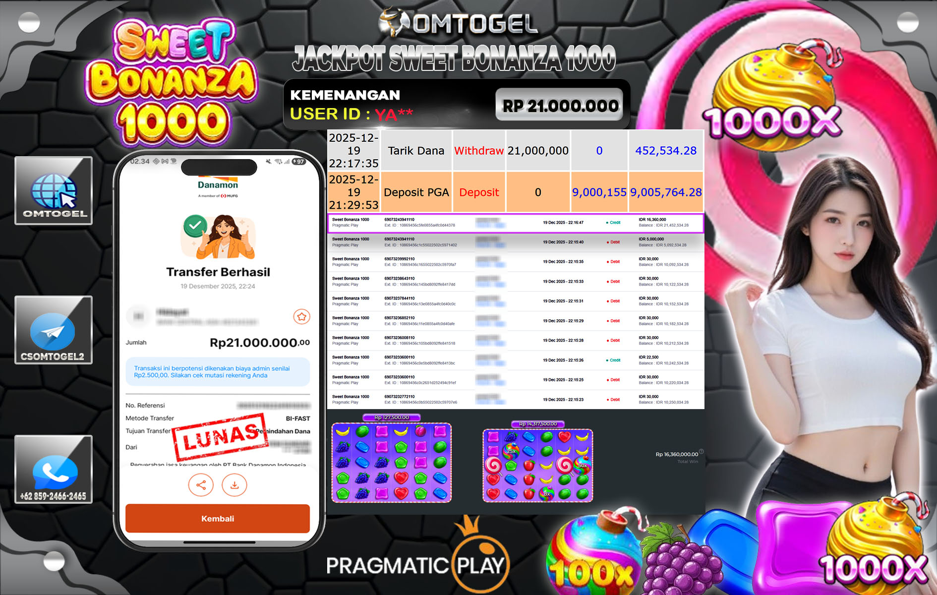 OMTOGEL JACKPOT PRAGMATIC PLAY SWEET BONANZA 1000 ,21 JUTA DI BAYAR LUNAS ,-