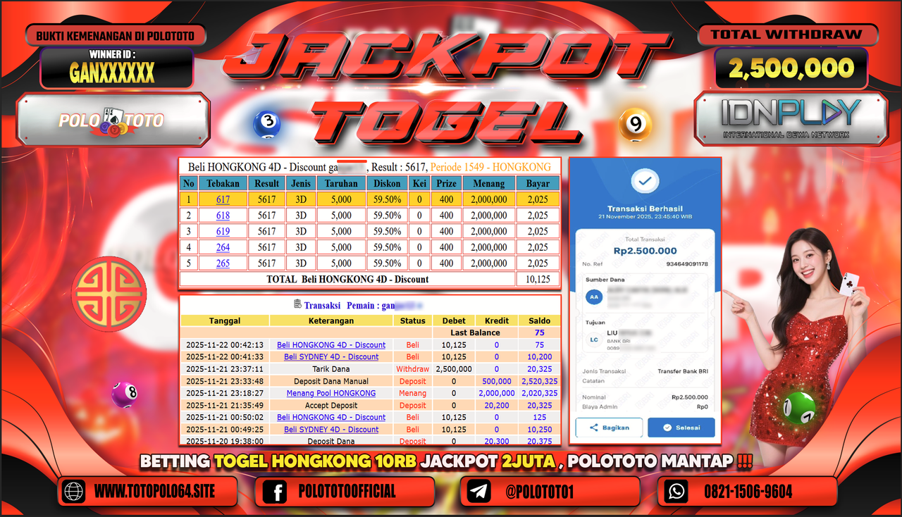 POLOTOTO JACKPOT TOGEL MENANG HONGKONG LOTTO Rp.2.500.000,- LUNAS