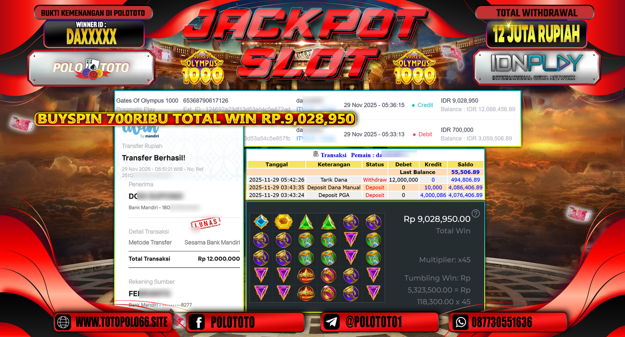 POLOTOTO JACKPOT SLOT GATES OF OLYMPUS 1000 Rp.12.000.000,- LUNAS