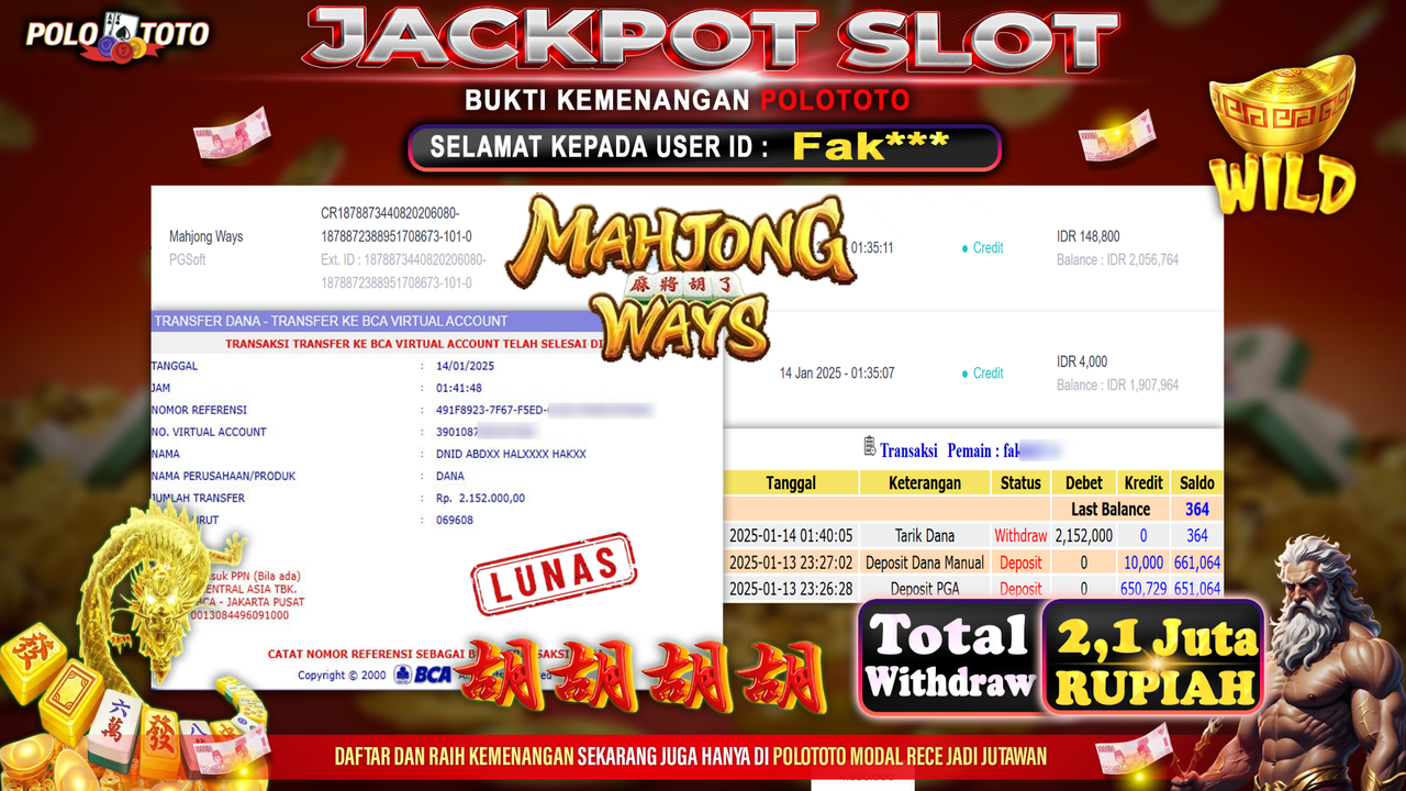 POLOTOTO JACKPOT SLOT MAHJONG WAYS Rp.2,152.000,-