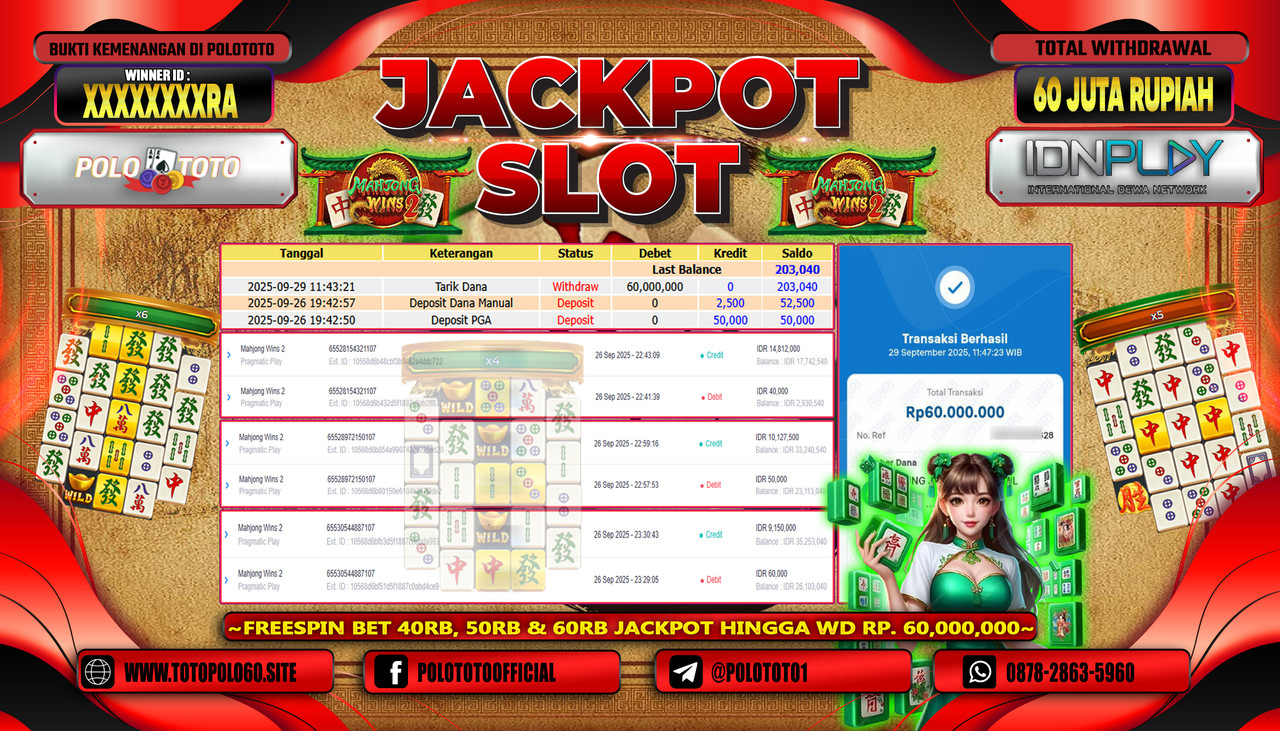POLOTOTO JACKPOT SLOT MAHJONG WINS 2 Rp.60.000.000,- LUNAS