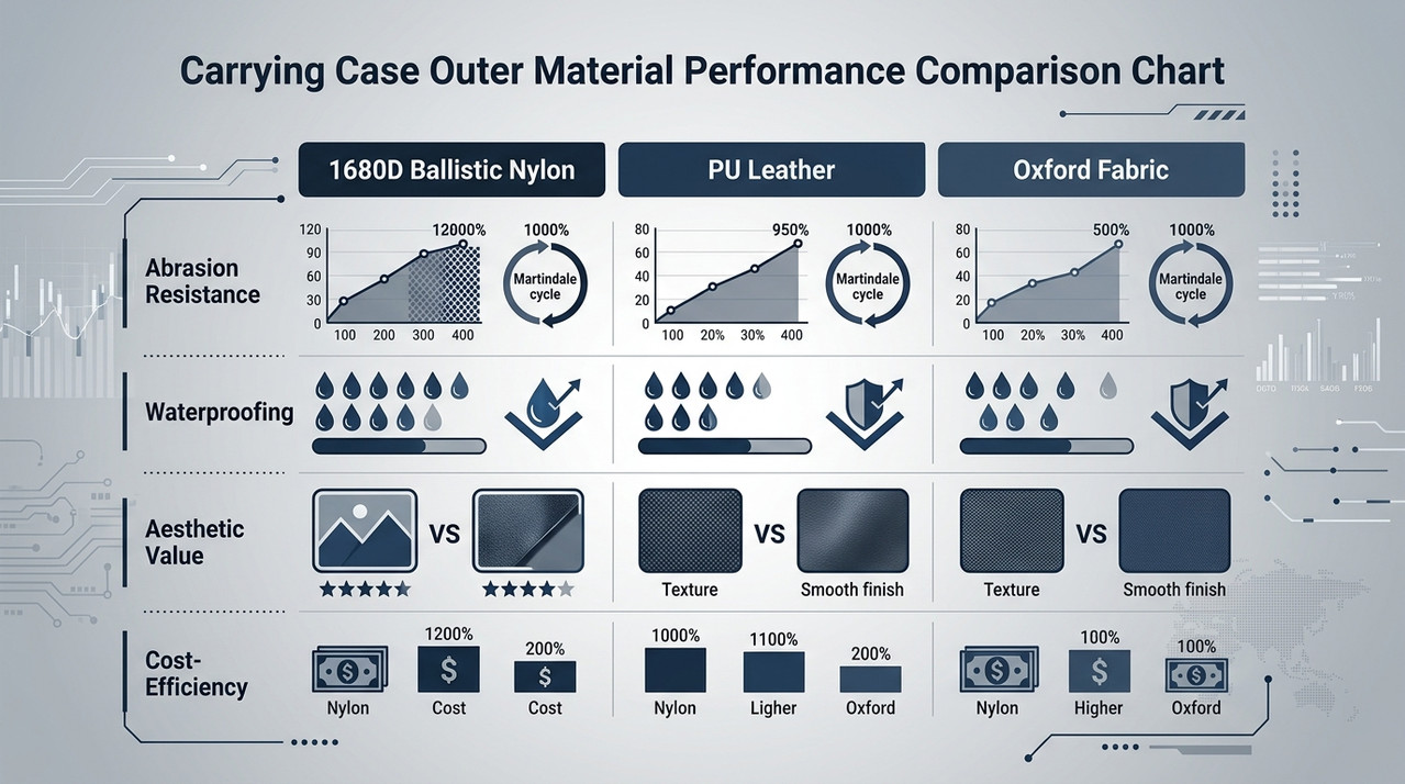 Comparative cover image showing three custom carrying cases made of 1680D ballistic nylon, PU leather, and Oxford fabric.