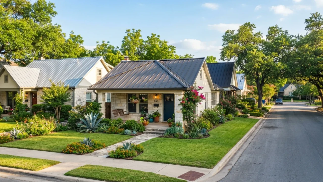 San Antonio neighborhood with metal roof homes showing curb appeal