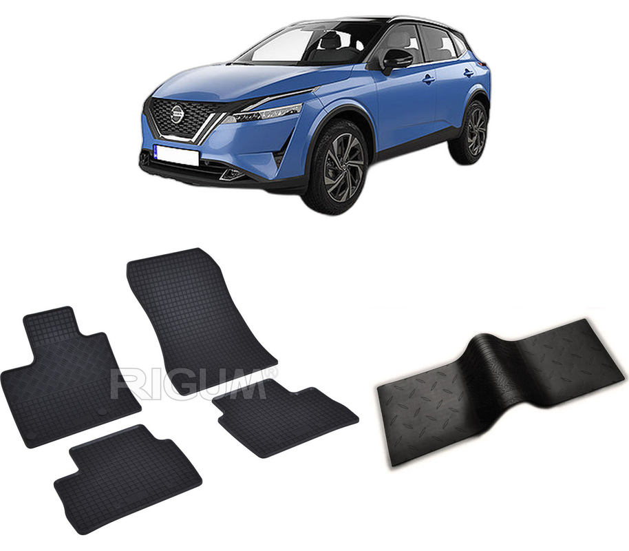 Set covorase auto NISSAN QASHQAI III din 06.2021-PREZENT, cu covoras tunel median, CAROSERIE SUV, Presuri cauciuc 100%, compatibil cu autoturismul NISSAN QASHQAI III, Rigum