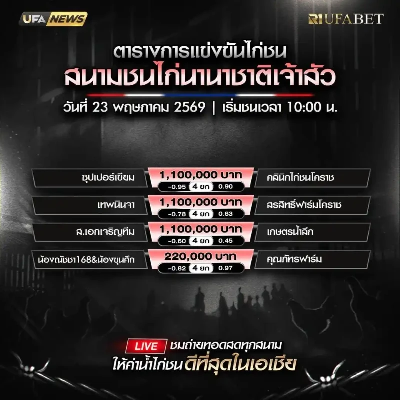 โปรแกรมไก่ชน สนามชนไก่นานาชาติเจ้าสัว วันเสาร์ที่ 23 พฤษภาคม 2569 รูปโปรแกรมหลัก