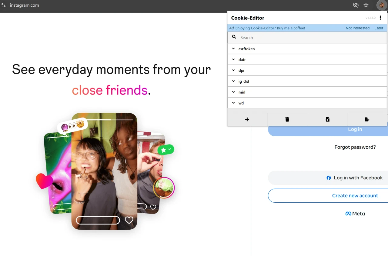 Вход в Instagram по sessionid или cookies