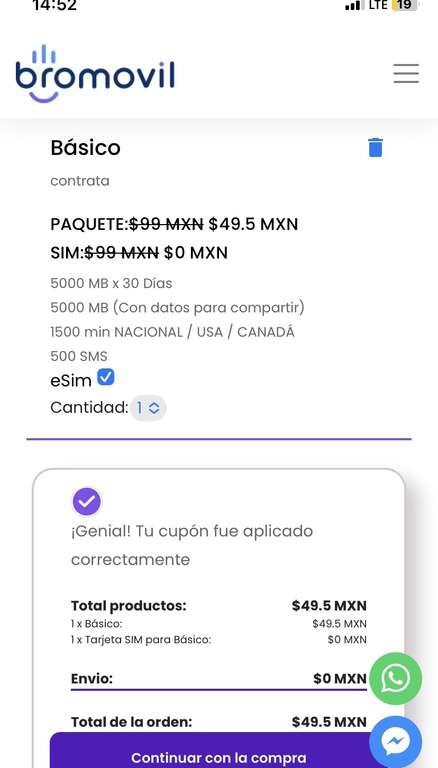 Bromovil: Esim y Plan 20GB primer mes por $49.50 ( Con Portabilidad) 
