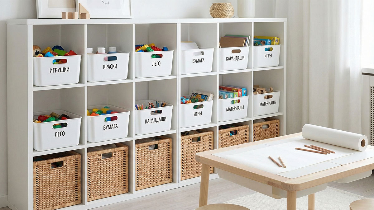 Организация хранения игрушек и материалов в контейнерах на стеллаже