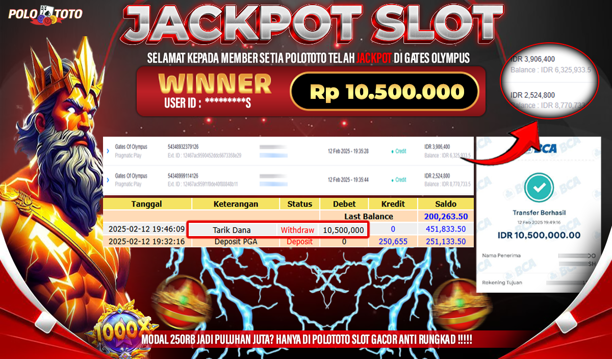 POLOTOTO JACKPOT SLOT GATES OF OLYMPUS Rp.10.500.000,- 