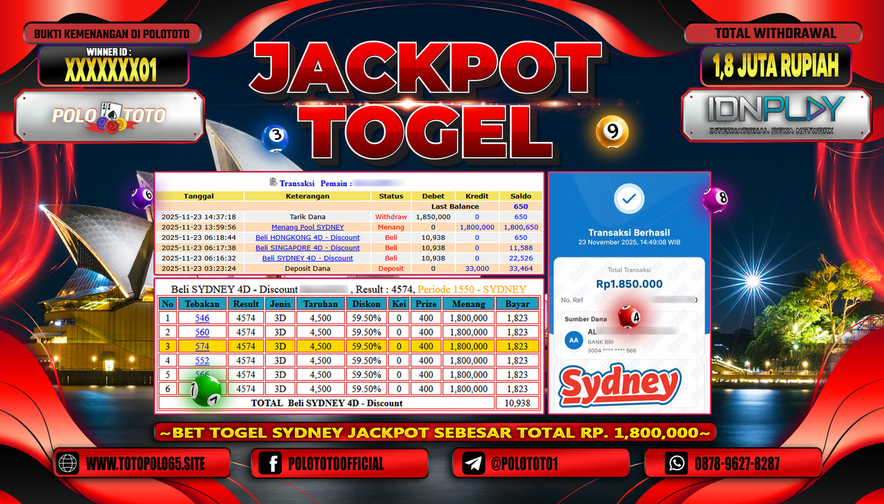 POLOTOTO JACKPOT TOGEL SYDNEY LOTTO Rp.1.850.000,- LUNAS