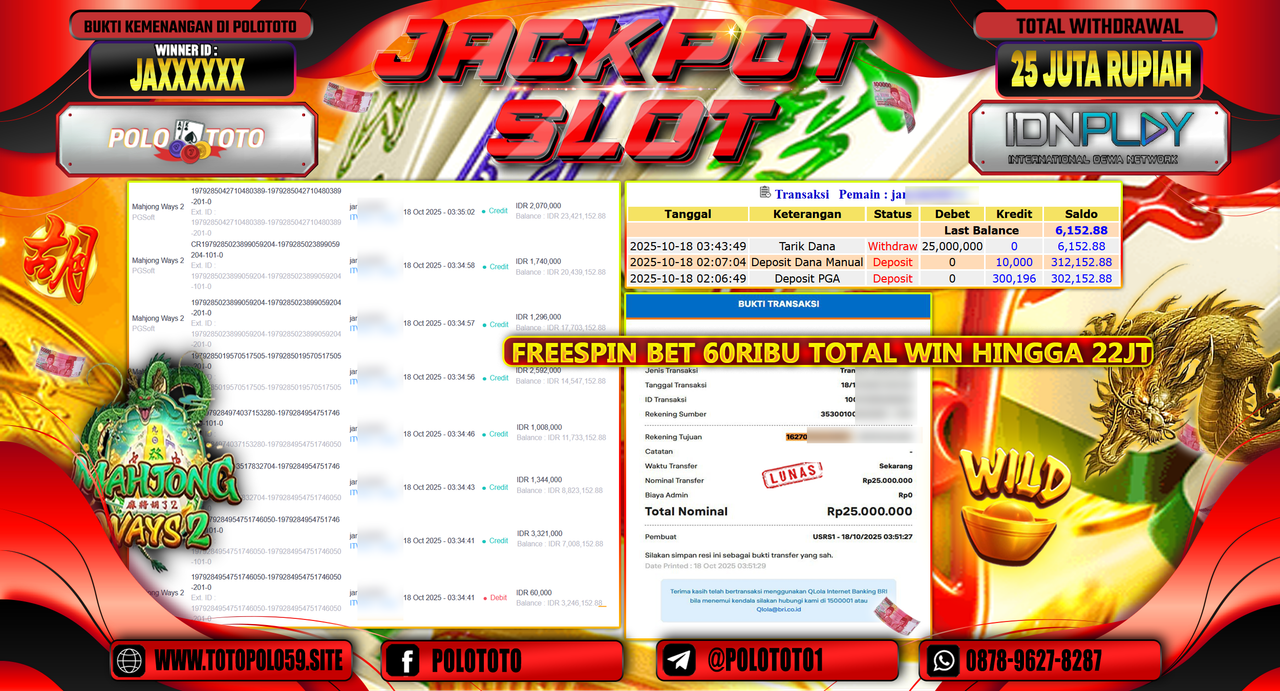POLOTOTO JACKPOT SLOT MAHJONG WAYS 2 Rp.25.000.000,- LUNAS