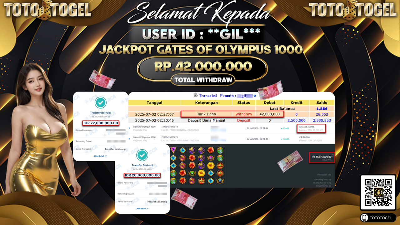 Bukti Pembayaran Jackpot Permainan Slot Gates Of Olympus 1000 ID:**GIL*** LUNAS