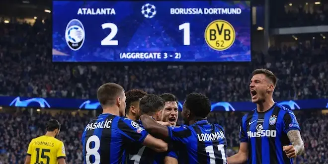صورة توضيحية للاحتفال العظيم للاعبي أتالانتا بعد الفوز على بوروسيا دورتموند في دوري أبطال أوروبا، حيث تظهر اللوحة الإلكترونية في الخلفية بنتيجة 2-1، بينما يحتضن اللاعبون بعضهم البعض احتفالاً بالتأهل، مع ظهور اللاعب هوملز من الخلف. (تم توليدها بالذكاء الإصطناعي)