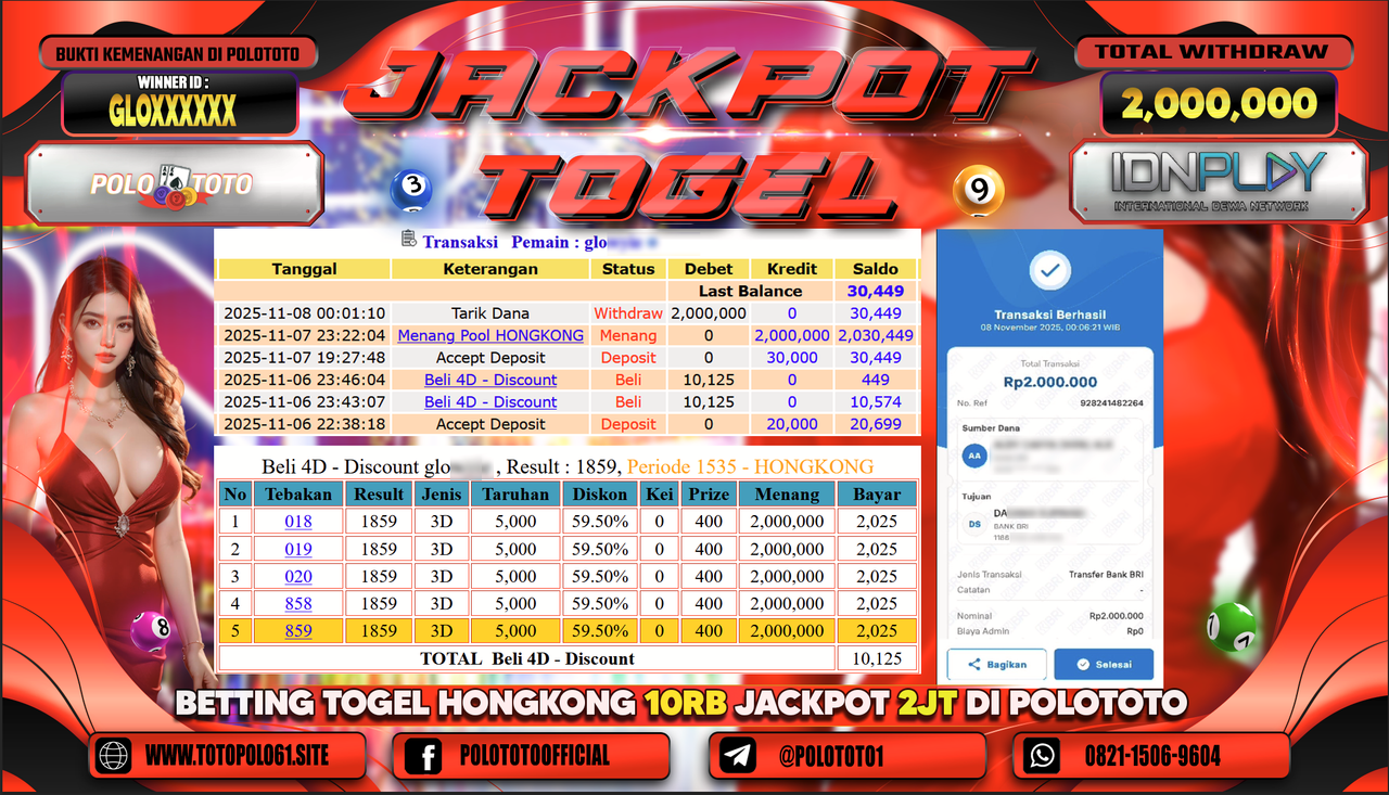 POLOTOTO JACKPOT TOGEL MENANG HONGKONG LOTTO Rp.2.000.000,- LUNAS