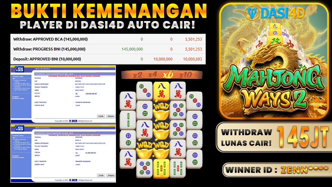 BUKTI KEMENANGAN 20 MEI 2025 DI  MAHJONG WAYS  WD 145 JUTA
