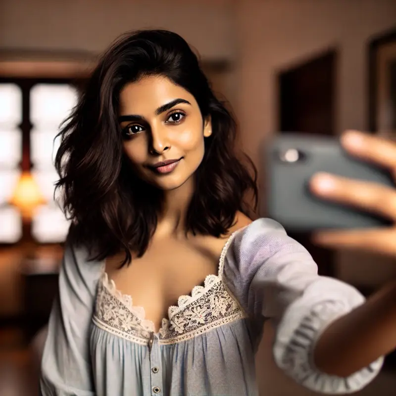 DALL·E 2025-01-01 11.55.16 - An attractive Indian woman taking a selfie in a casual night dress with