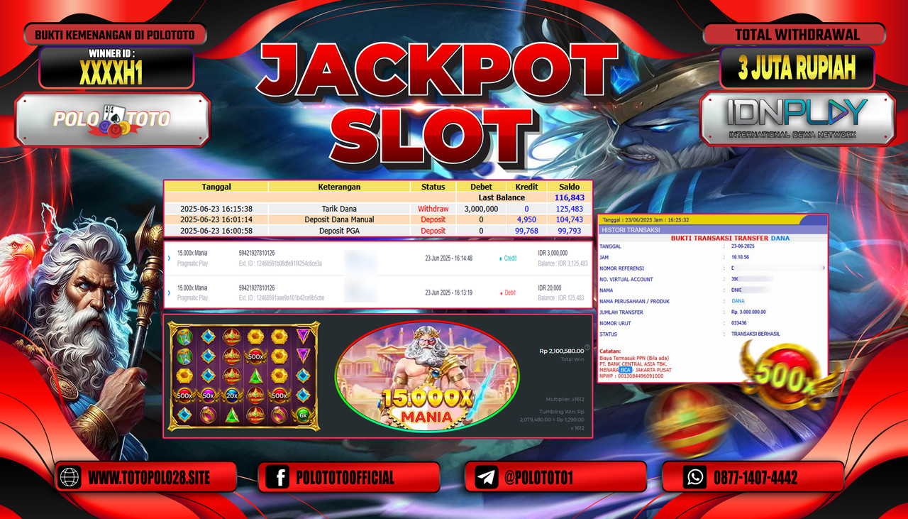 POLOTOTO JACKPOT SLOT 15.000 X MANIA Rp.3.000.000,- LUNAS
