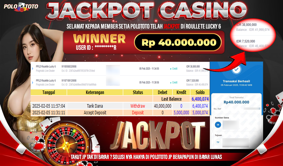 POLOTOTO JACKPOT CASINO ROULETTE LUCKY 6 Rp40,000.000,-