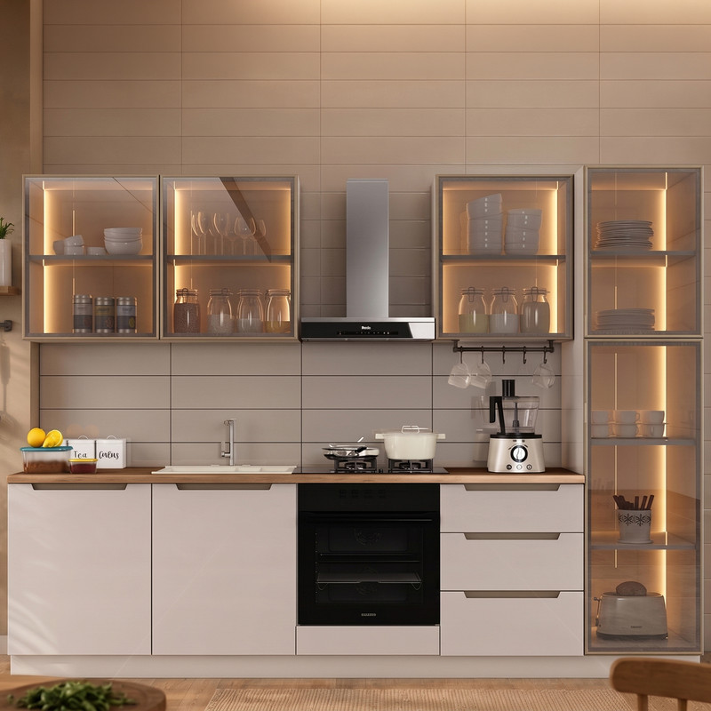 Hera 290 cm Mutfak Dolabı Seti %100 MDF Ledli Boy Dolaplı Fırın Modüllü Çekmeceli Lavabolu Mutfak Dolabı Takımı 8 Modül Tezgah Dahil Bej