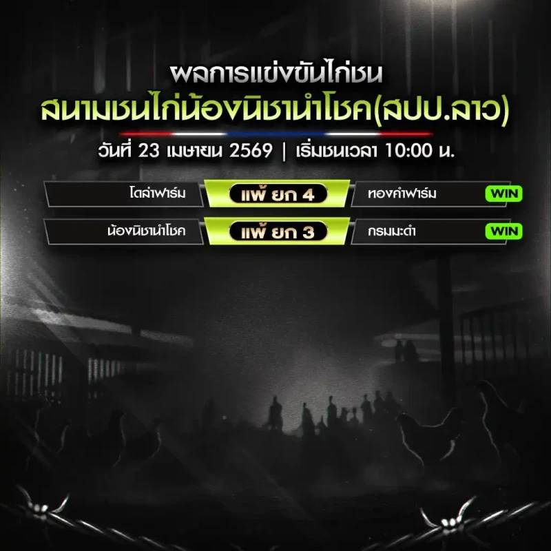 สรุปผลไก่ชน สนามน้องนิชานำโชค 23 เมษายน 2569