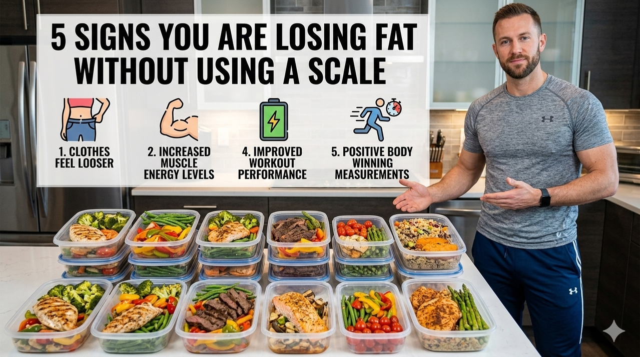 Batch cooked meals in containers with lean protein and vegetables for 5 signs you are losing fat without using a scale