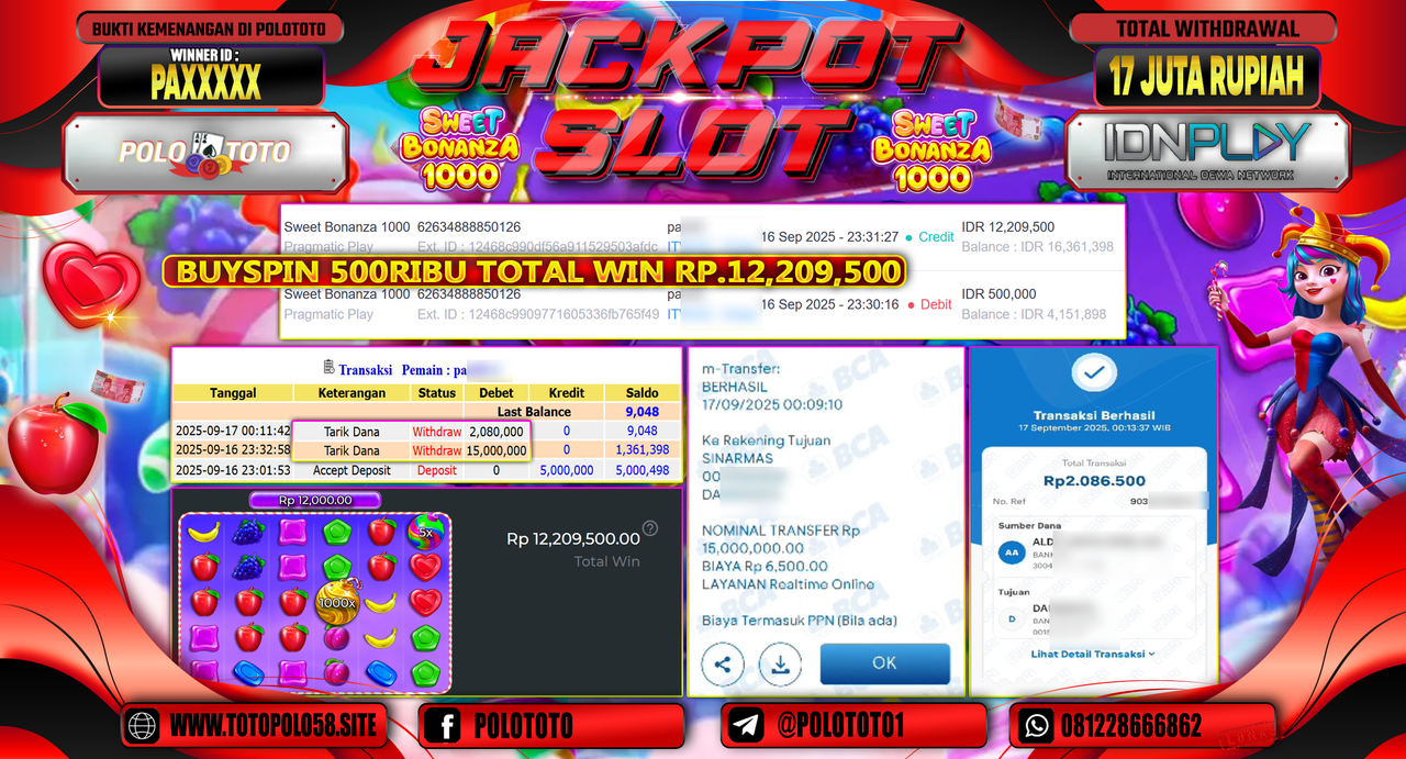 POLOTOTO JACKPOT SLOT SWEET BONANZA 1000 Rp.17.080.000,-