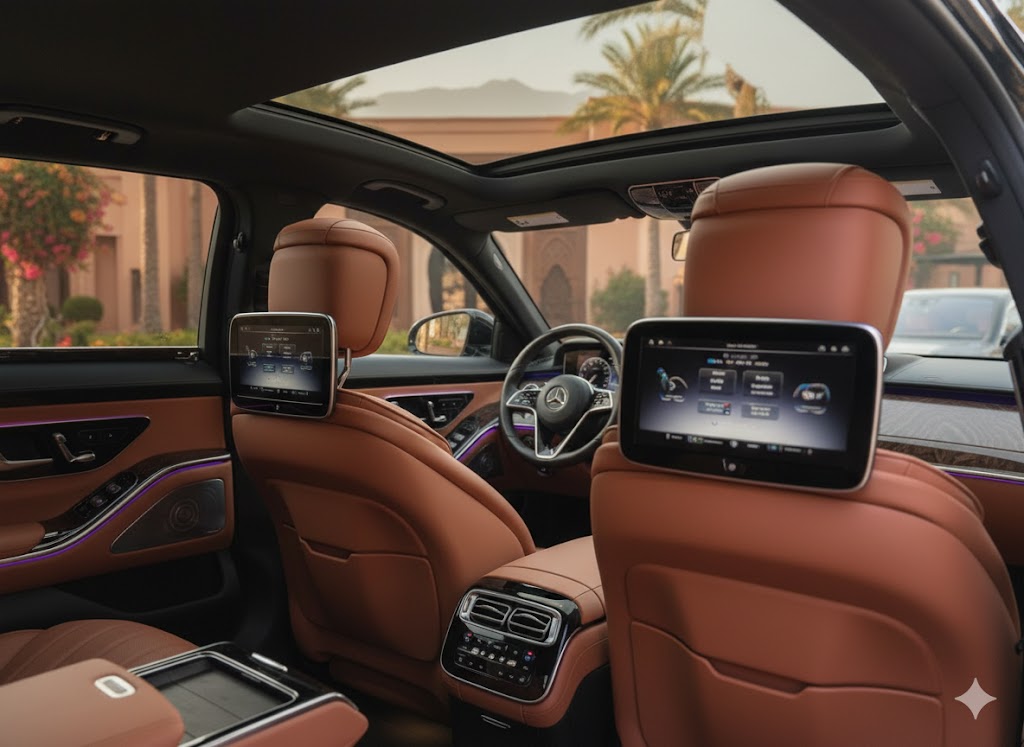 Intérieur de berline avec chauffeur privé pour événement à Marrakech