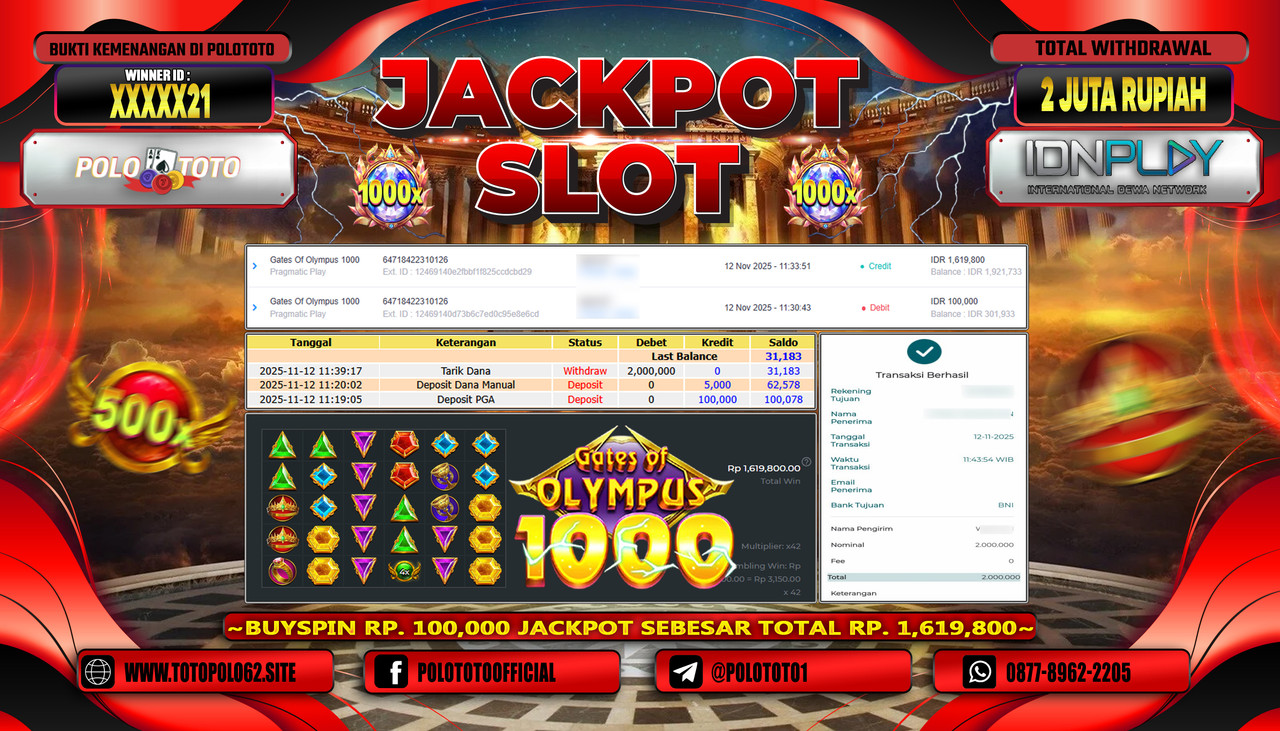 POLOTOTO JACKPOT SLOT GATES OF OLYMPUS 1000 Rp.2.000.000,- LUNAS