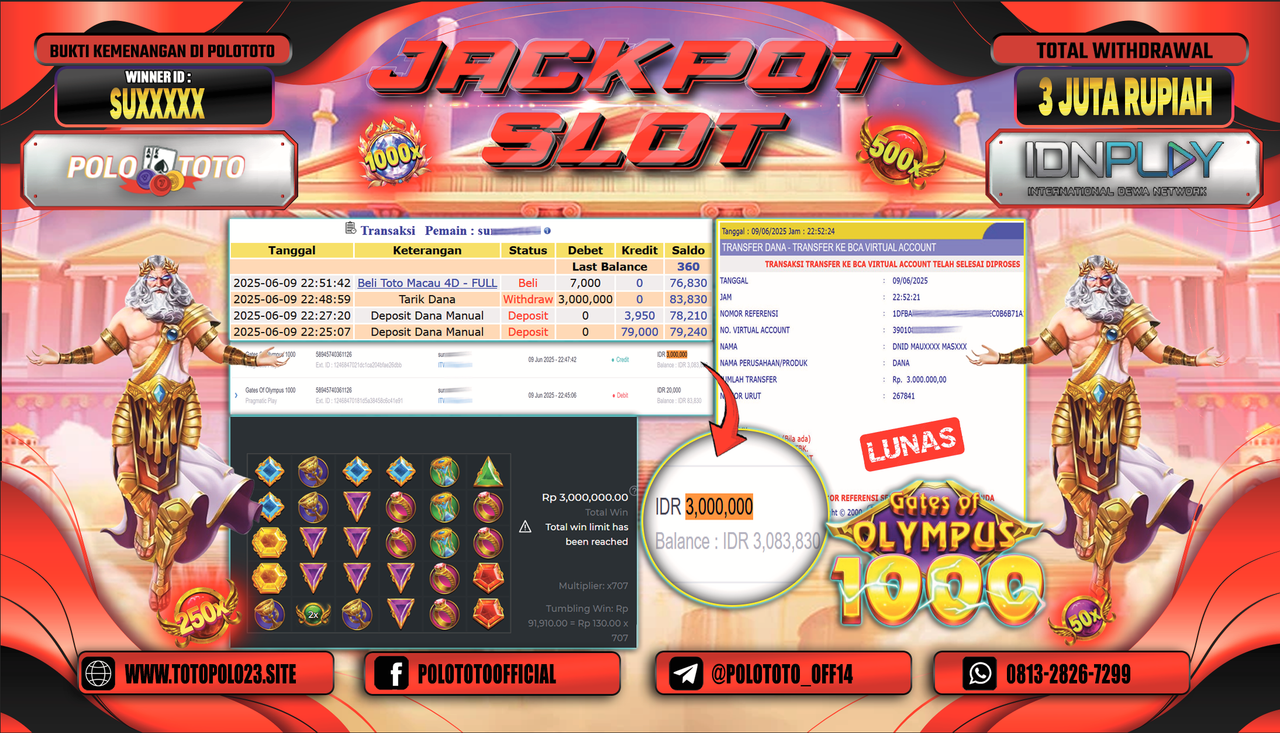 POLOTOTO JACKPOT SLOT GATES OF OLYMPUS 1000 Rp.3.000.000,-