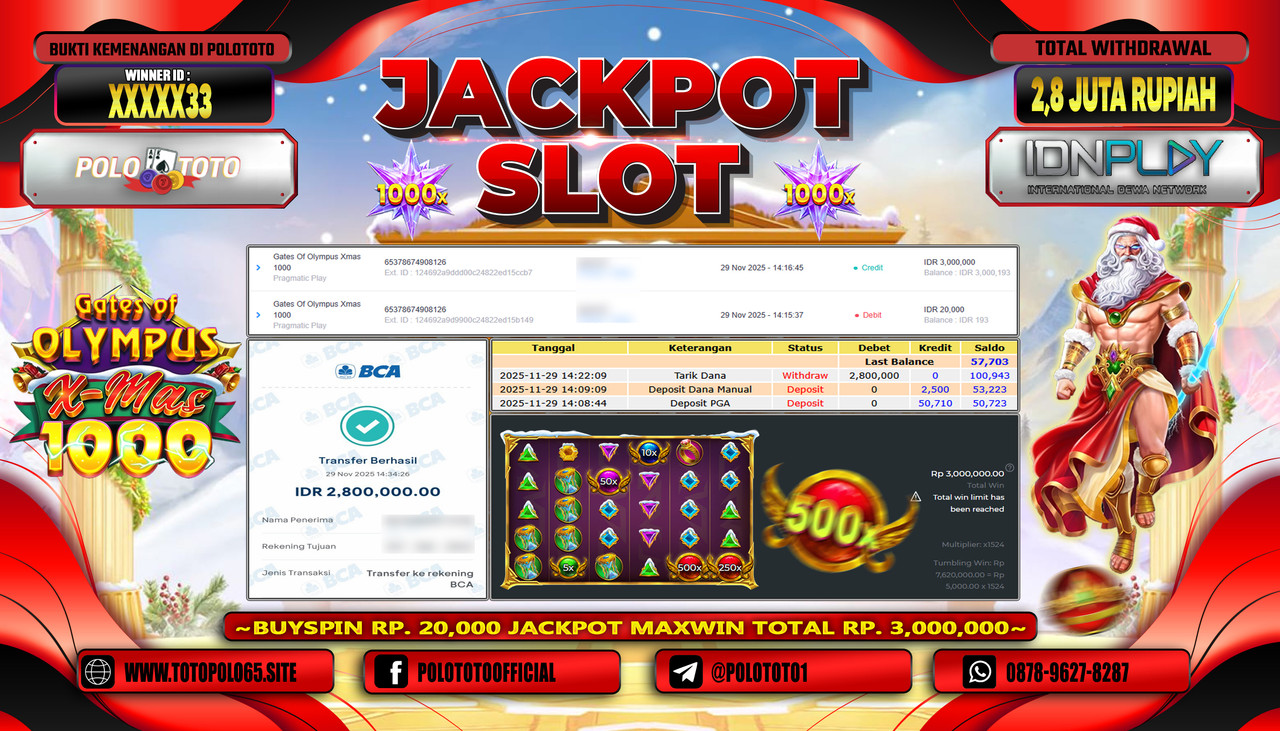 POLOTOTO JACKPOT SLOT GATES OF OLYMPUS XMAS 1000 Rp.4.500.000,- LUNAS