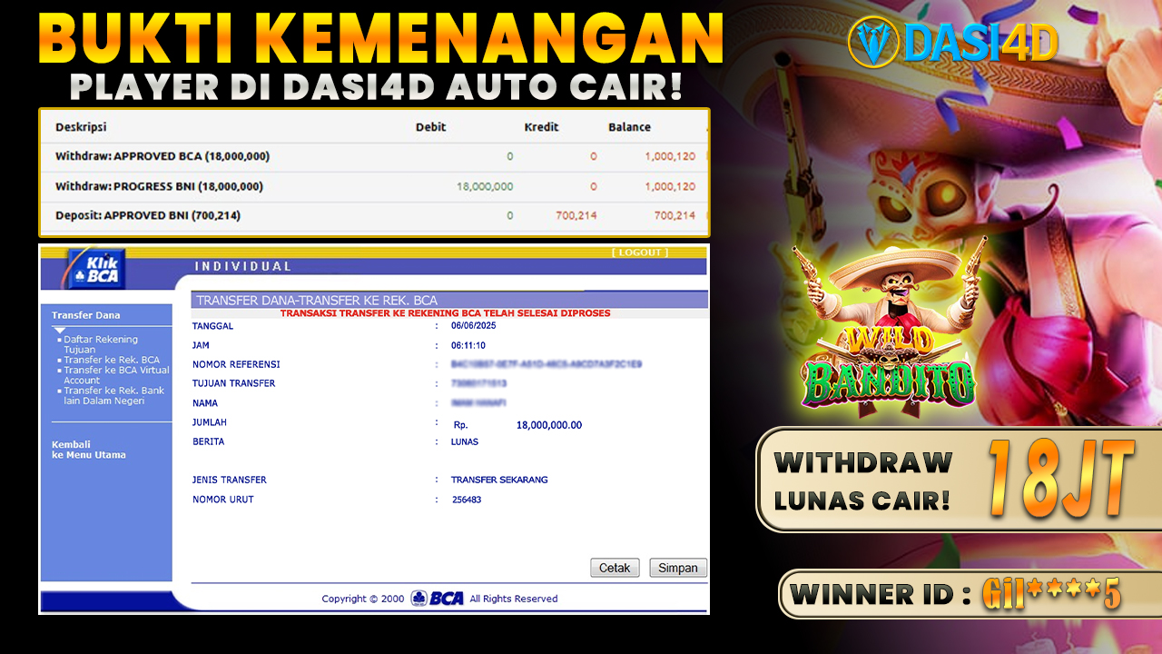 BUKTI KEMENANGAN 06 JUNI 2025 DI WILD BANDITO  WD 18 JUTA