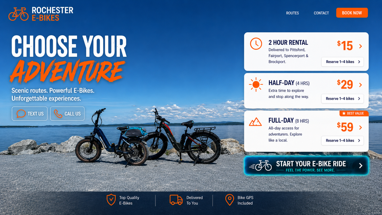 Rochester E-Bikes rentals with scenic routes, pricing, text, call, and booking options
