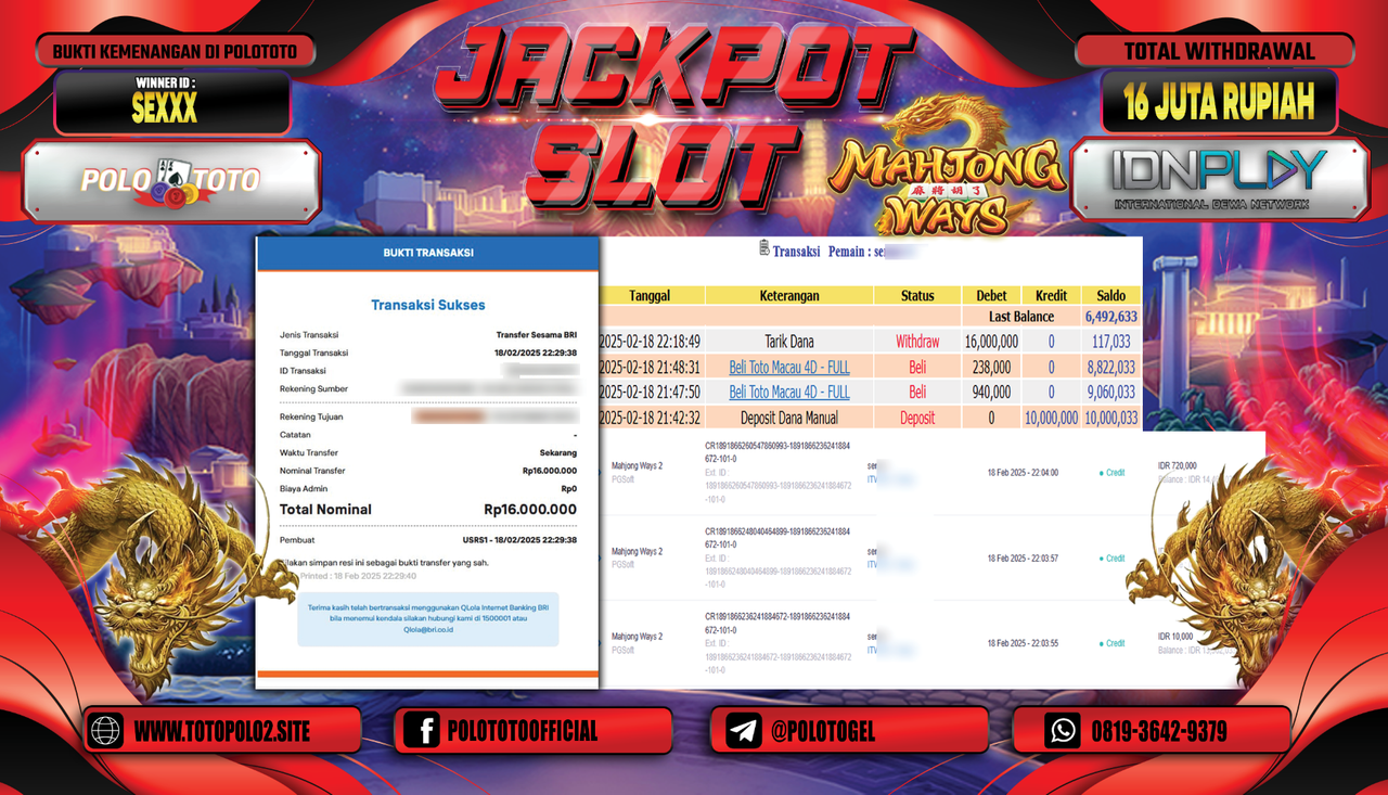 POLOTOTO JACKPOT SLOT MAHJONG WAYS Rp.16.000.000,-