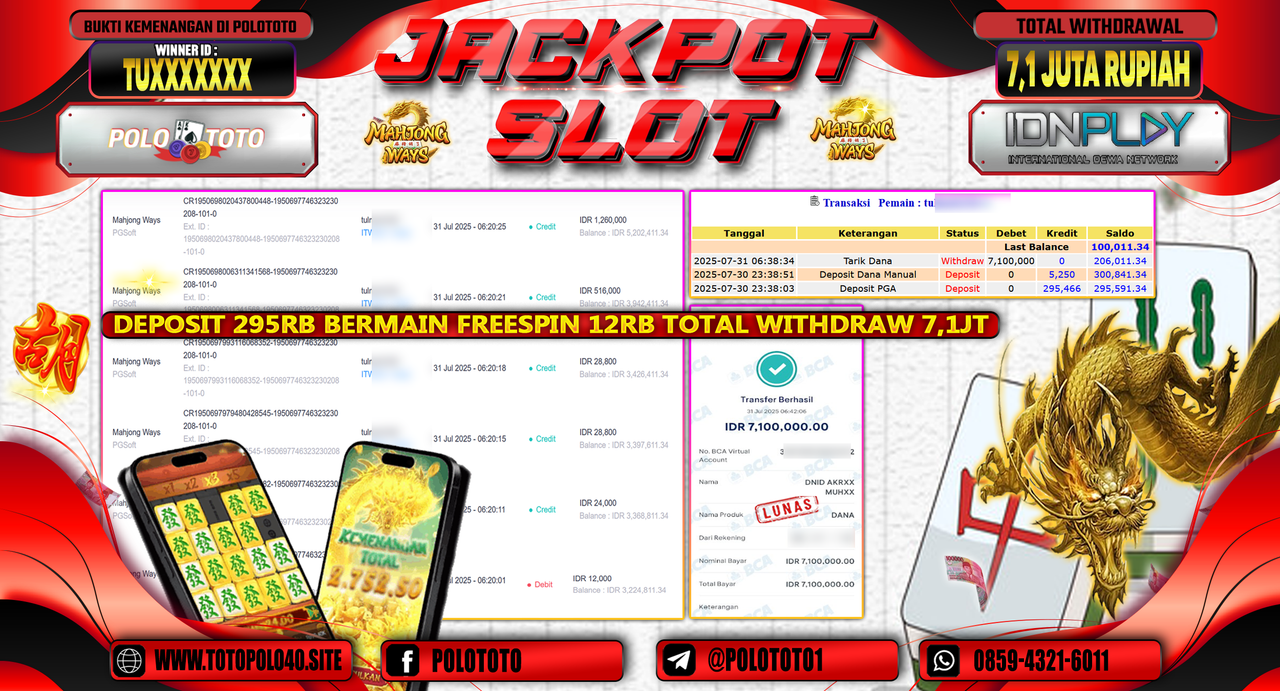 POLOTOTO JACKPOT SLOT MAHJONG WAYS Rp.7.100.000,-LUNAS