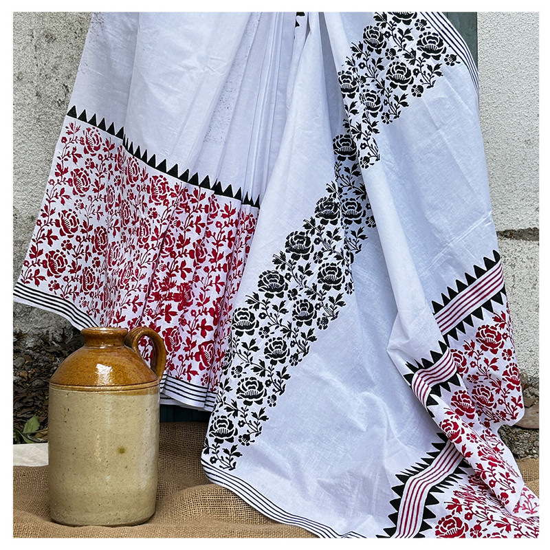 Hand Block Printed White Cotton Saree with Red and Black Design