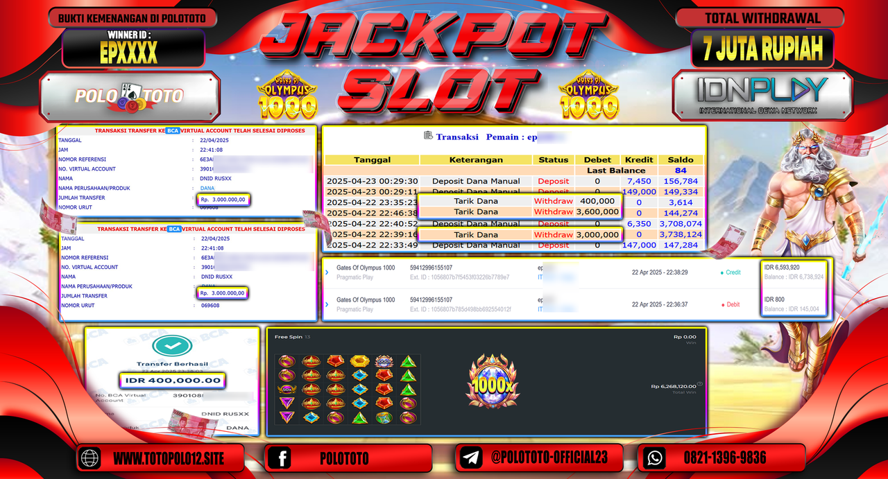 POLOTOTO JACKPOT SLOT GATES OF OLYMPUS 1000 Rp.7.000.000,-