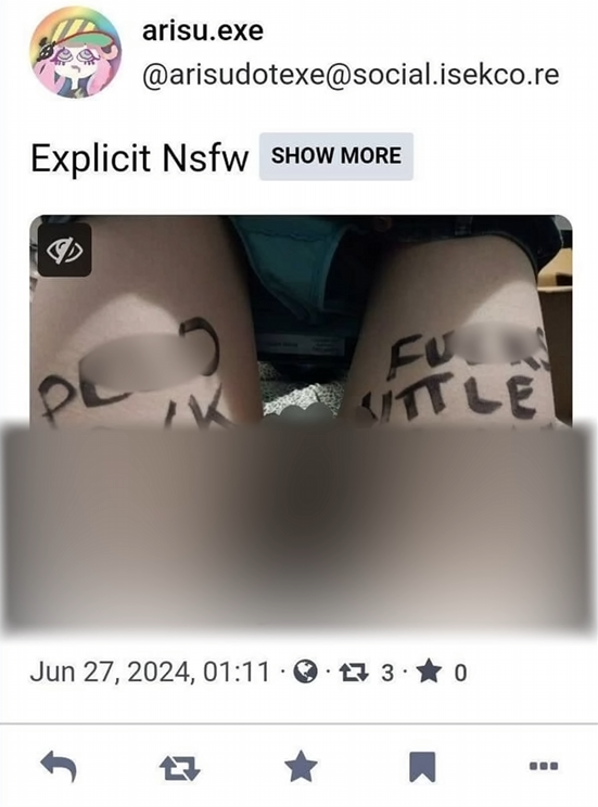 A censored image of Ally Kotetsu's groin area taken from a top down perspective so her thighs are visible both of her thighs have crude writing in sharpie with drawings of arrows pointing at her genitals accompanied by text reading PEDO COCK on her left thigh and FUCKS LITTLE GIRLS on her right thigh