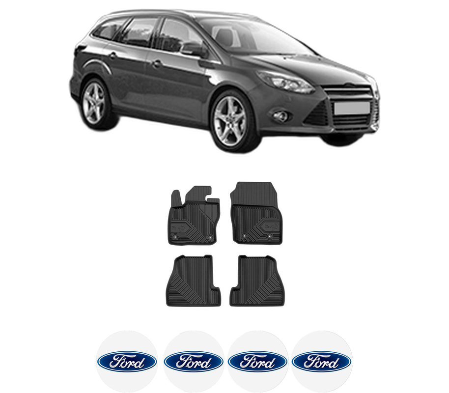 Set covorase presuri FORD FOCUS III Turnier din 2010-2020, auto, din cauciuc thermoplastic, 4 Stickere auto cu FORD