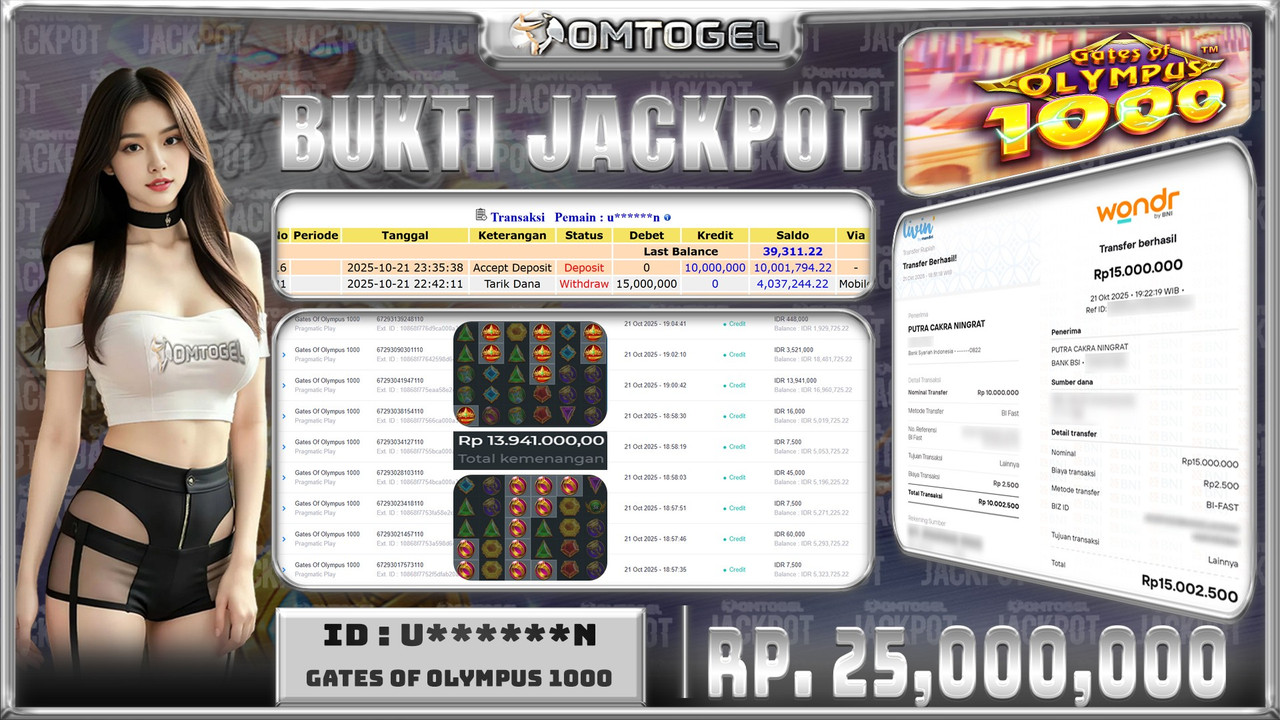 OMTOGEL JACKPOT PRAGMATIC PLAY GATES OF OLYMPUS 1000 25 JUTA DI BAYAR LUNAS ,-