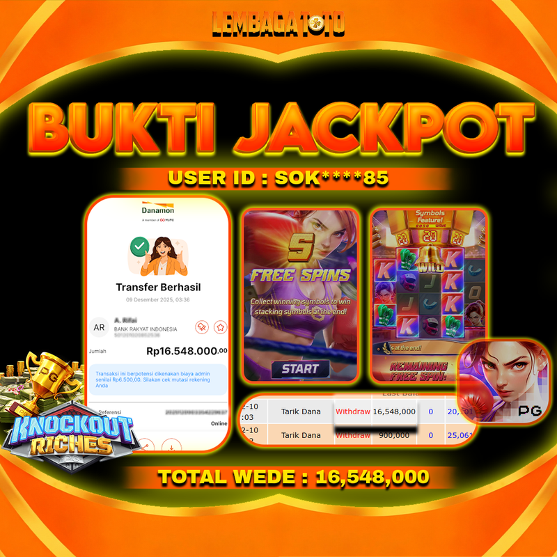 BUKTI JACKPOT 10 DECEMBER LEMBAGATOTO KNOCKOUT RICHES Rp16,548,000,- LUNAS
