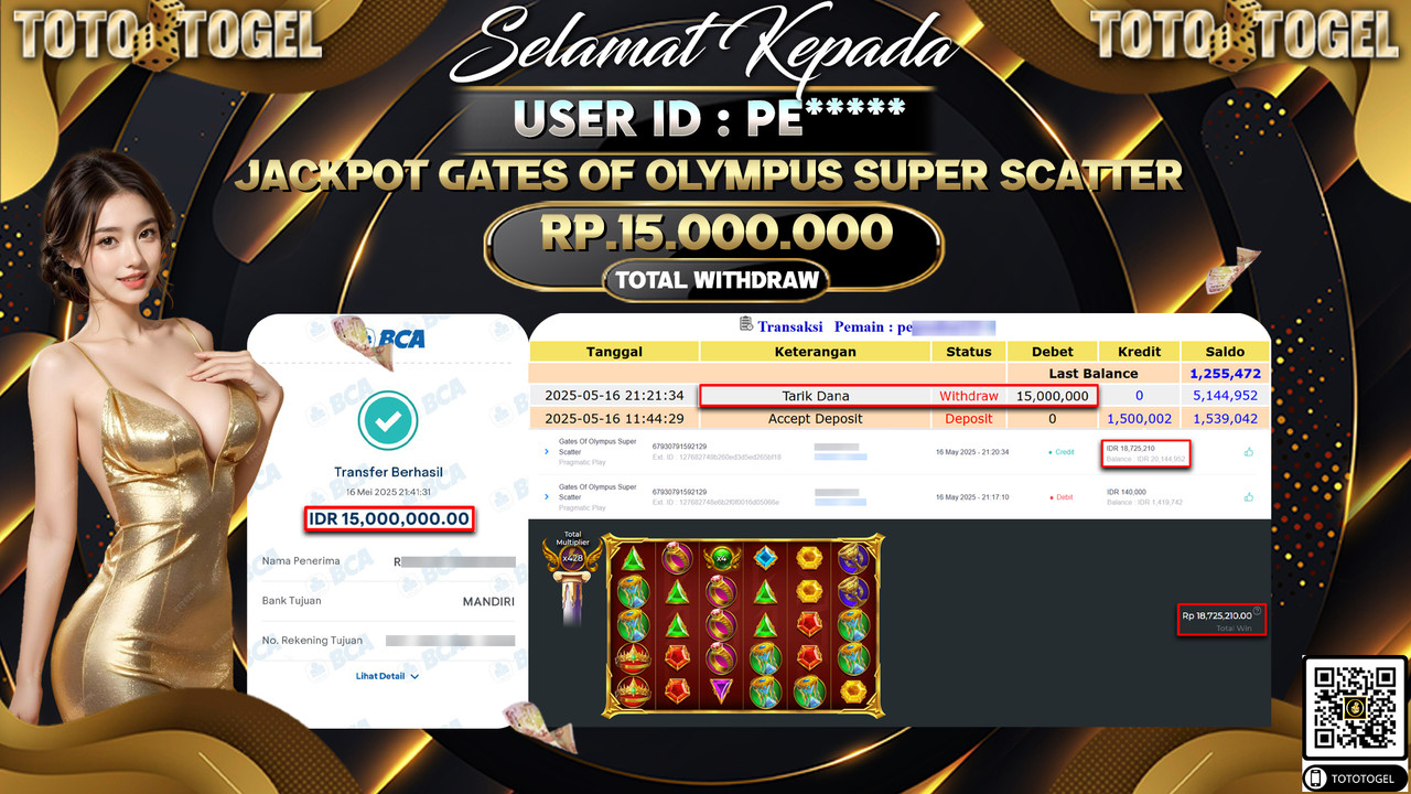 Bukti Pembayaran Jackpot Permainan Slot Gates Of Olympus Super Scatter ID:PE***** LUNAS