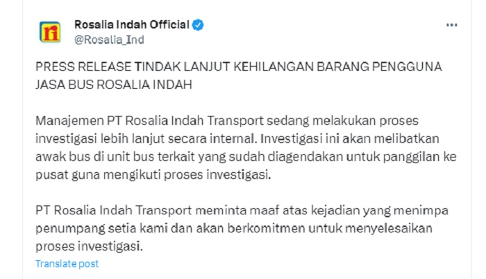 Klarifikasi Rosalia Indah terkait dengan kehilangan barang yang dialami oleh penumpangnya.