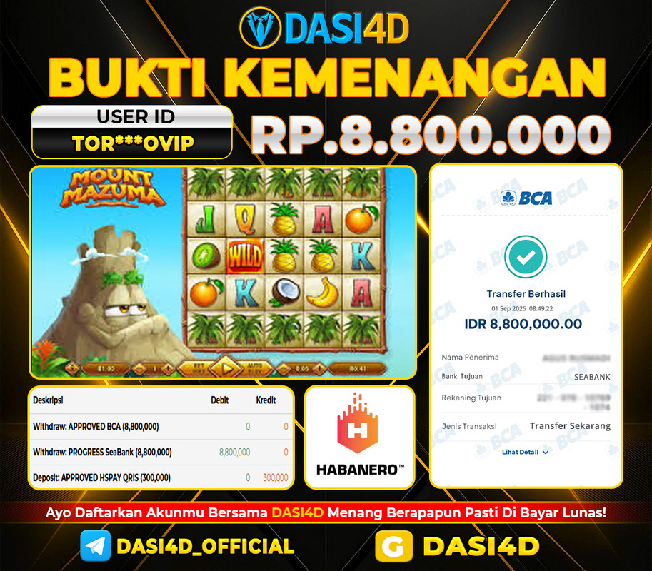 BUKTI KEMENANGAN 01 SEPTEMBER  2025 DI MOUNT MAZUMA  RP. 8.800.000