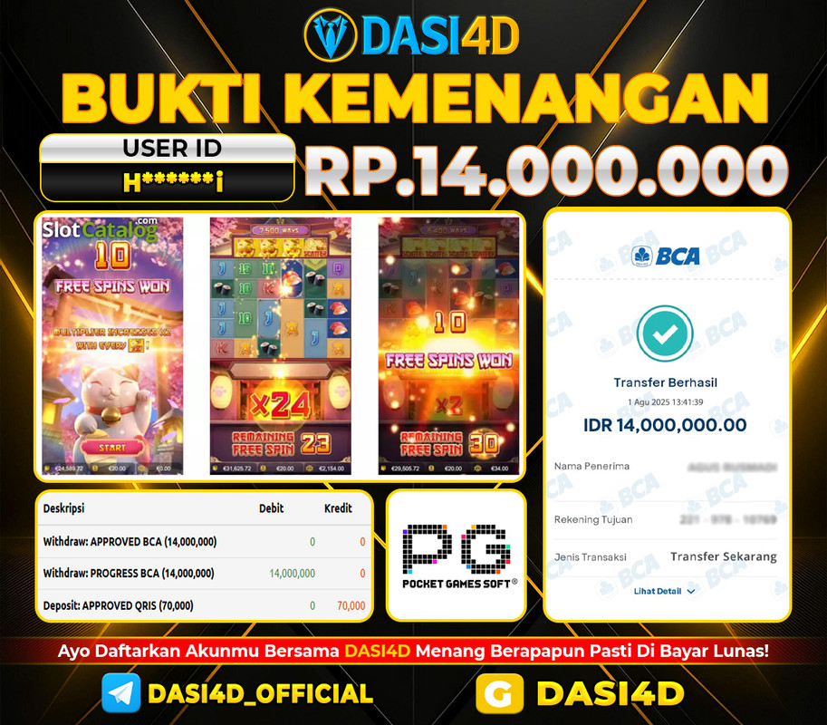 BUKTI KEMENANGAN 01 AGUSTUS DI LUCKY NEKO RP 14.000.000
