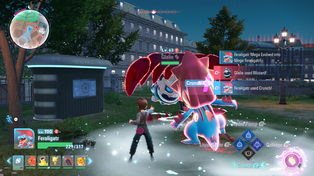 Tyler's mega-evolved Feraligatr faces off against an opponents mega-evolved Glalie in a Pokémon battle. The Feraligatr is using crunch while the Glalie is using Blizzard.