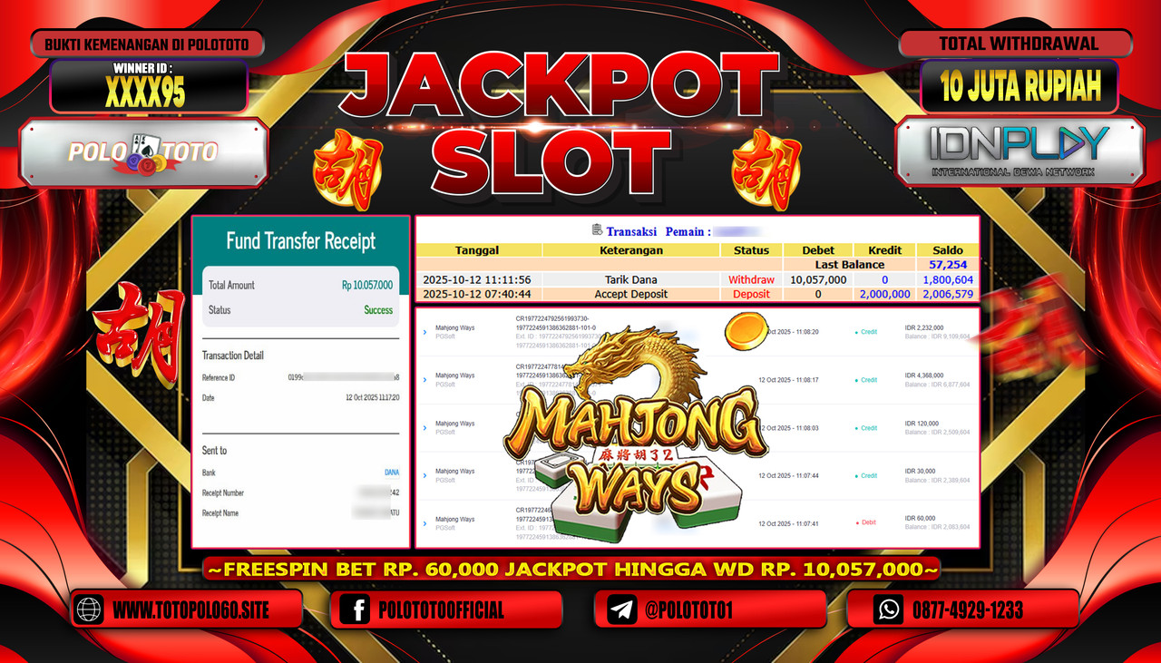 POLOTOTO JACKPOT SLOT MAHJONG WAYS Rp.10.000.000,- LUNAS