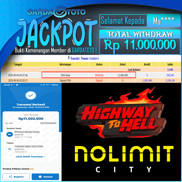 JACKPOT DI PERMAINAN  SLOT NOLIMIT CITY HIGHWAY TO HELL   WD Rp 11.000.000,- DIBAYAR LUNAS GARDATOTO MANTAP !