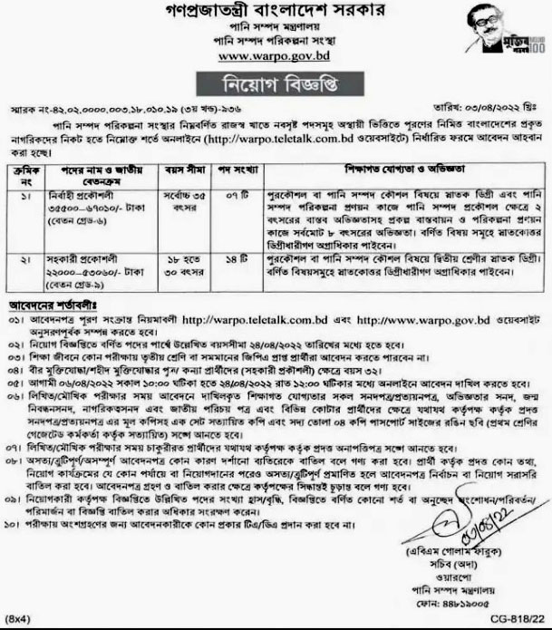 পানি সম্পদ মন্ত্রণালয় নিয়োগ বিজ্ঞপ্তি ২০২২